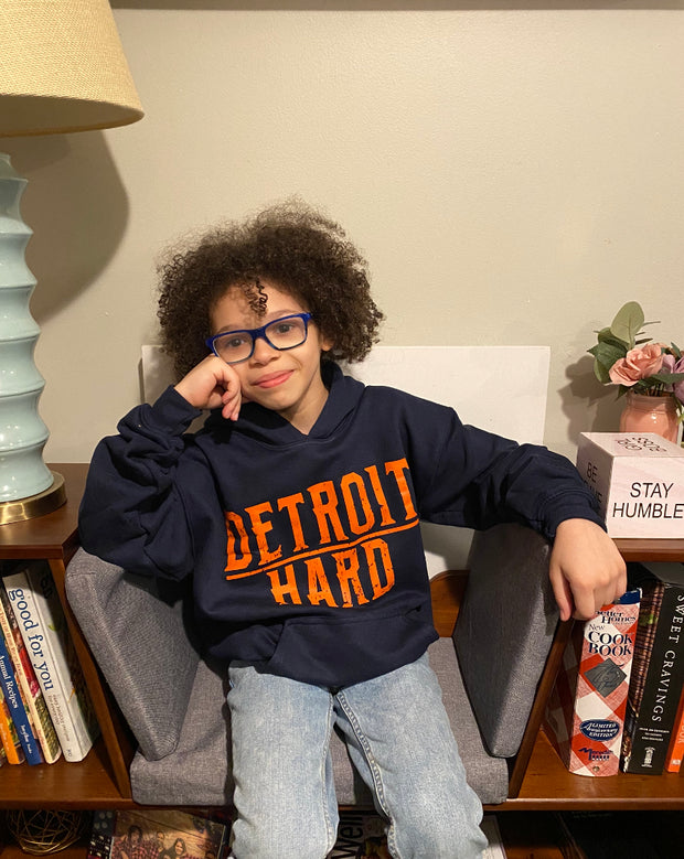 RIVERFRONTblue Hoodie with ORANGElawn Detroit Hard kids